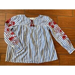 Zara Size 11/12 Striped Flower Embroidered Soft Collection Top Blue